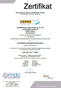 Sanitätshaus Lappe Zertifizierung Qualitätsmanagement nach DIn EN ISO 13485